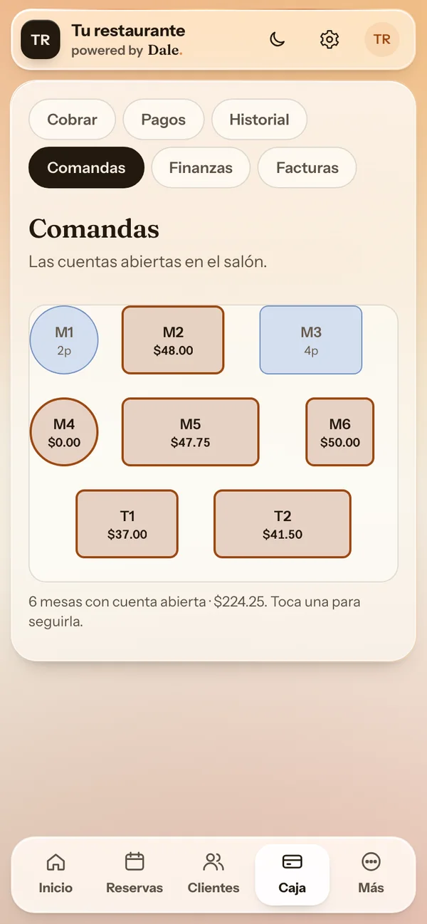Las mesas con cuenta abierta y el monto de cada una