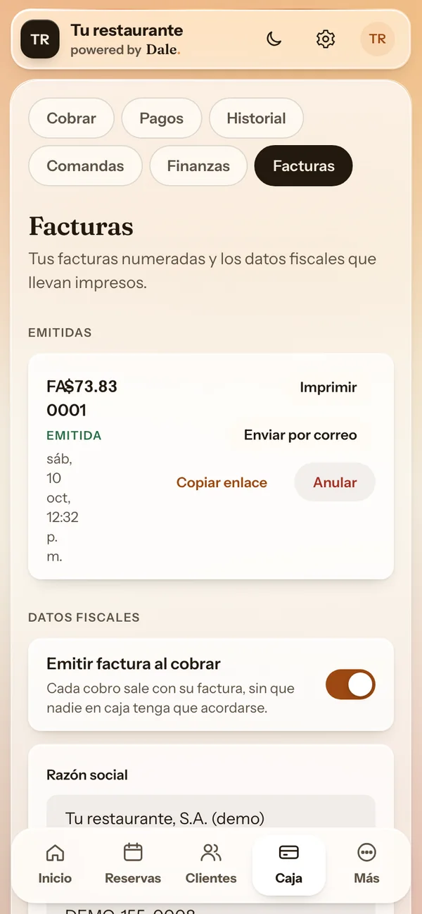 Facturas emitidas y los datos fiscales del restaurante