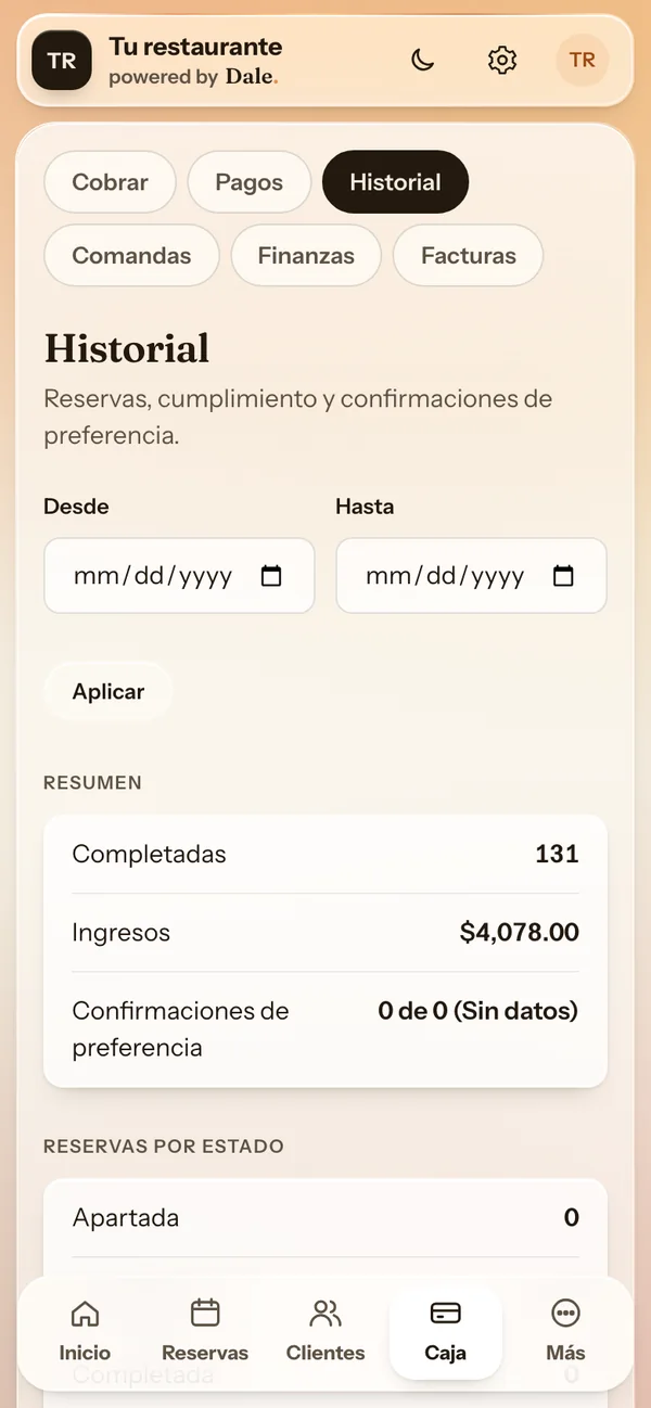 El historial de reservas e ingresos
