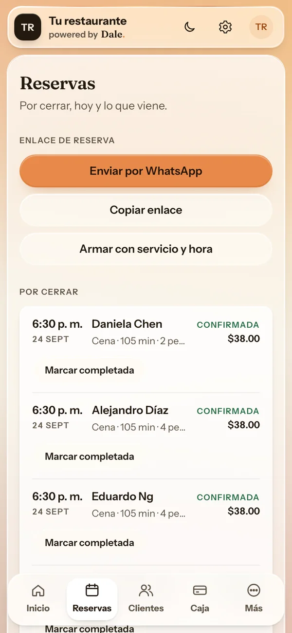 Reservas del restaurante en Dale, con el enlace para WhatsApp
